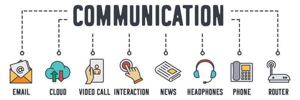communicatie web icoon. e-mail, cloudverbinding, videogesprek, interactie, nieuws, koptelefoon, kantoortelefoon, router vectorillustratieconcept. vector