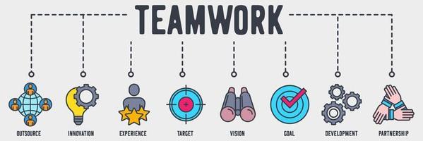 team werk banner web pictogram. uitbesteden, innovatie, ervaring, doel, visie, doel, ontwikkeling, partnerschap vector illustratie concept.