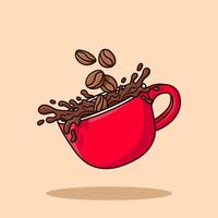 koffie plons. koffieboon gooien cartoon vectorillustratie vector