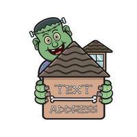 cartoon mascotte van schattige frankenstein met straat huisnummer naambord uithangbord. vector