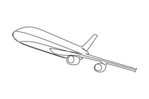 enkele doorlopende lijntekening van een vliegtuig dat vliegt en klimt. handtekeningstijl voor transportconcept vector