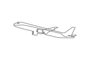 enkele lijntekening - commercieel vliegtuig opstijgen en klimmen. opstijgen is de vluchtfase waarin een ruimtevaartvoertuig de grond verlaat en in de lucht komt. vectorillustratie voor transport vector