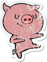 verontruste sticker van een happy cartoon varken dansen vector