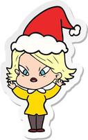 sticker cartoon van een gestresste vrouw met een kerstmuts vector