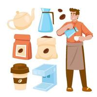 handgetekende set van schattige barista-objecten karakterelementen, vectorillustratieset met afhaalmaaltijden, beker, machine, zak koffie vector