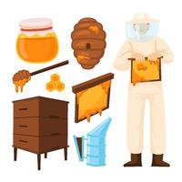 handgetekende set van schattige imker objecten karakterelementen, vector illustratie set met honing, bijenkorf, pot en roker