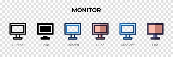 monitorpictogram in verschillende stijl. monitor vectorpictogrammen ontworpen in omtrek, effen, gekleurd, gevuld, verloop en vlakke stijl. symbool, logo afbeelding. vector illustratie