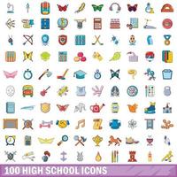 100 middelbare school iconen set, cartoon stijl vector