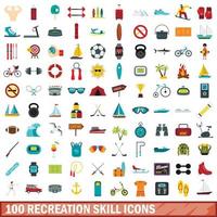 100 recreatie vaardigheid iconen set, vlakke stijl vector