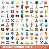 100 sport opstarten iconen set, vlakke stijl vector