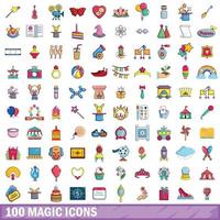 100 magische iconen set, cartoon stijl vector