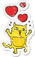 verontruste sticker van een cartoonkat die gek is op liefde vector