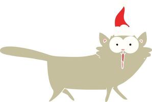 egale kleurenillustratie van een kat die een kerstmuts draagt vector