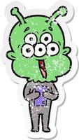 noodlijdende sticker van een happy cartoon alien vector