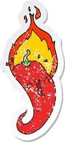 verontruste sticker van een cartoon vlammende hete chili peper vector