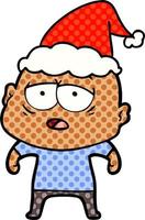 stripboekstijlillustratie van een vermoeide kale man met een kerstmuts vector