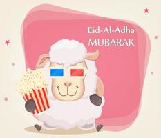 offerfeest eid al-adha. traditionele mousseline vakantie. wenskaart met grappige schapen in 3D-bril met popcorn. vector