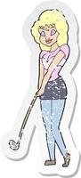 retro verontruste sticker van een cartoonvrouw die golf speelt vector