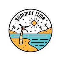 ontwerp monolijn van zomertijdkokosnoot op het strand voor badge, sticker, patch, t-shirtontwerp, enz vector