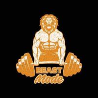 vintage beest-modus t-shirt ontwerp. leeuw fitness training beest modus vector, leeuw bodybuilder spier gym mascotte vector