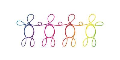 lijn kunst diversiteit, lgbtq concept. een groep van vier verschillende mensen getekend met één lijn, regenboogkleuren op wit. vector