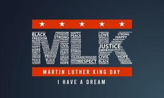 typografieontwerp met woorden op de tekst mlk in Amerikaanse vlagkleuren op een geïsoleerde gradiëntachtergrond vector