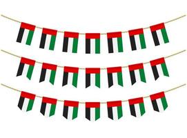 vlag van de verenigde arabische emiraten aan de touwen op witte achtergrond. set patriottische bunting vlaggen. gorsversiering van verenigde arabische vlag vector