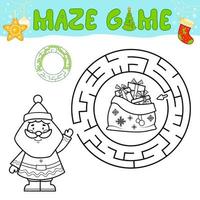 kerst zwart-wit doolhof puzzelspel voor kinderen. schets cirkel doolhof of labyrint spel met de kerstman. vector