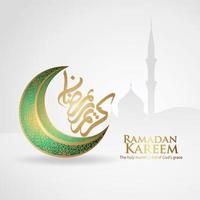 ontwerp wenskaart ramadan moment met luxe Arabische kalligrafie, halve maan, traditionele lantaarn en moskee patroon textuur islamitische achtergrond sjabloon. vector