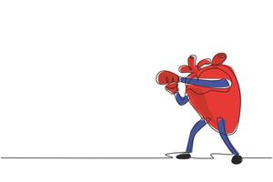 enkele doorlopende lijntekening cartoon anatomische menselijk hart orgel mascotte in rode bokshandschoenen. gezondheid van het cardiovasculaire systeem. kracht en kracht van het hartorgaan. een lijn tekenen grafisch ontwerp vector