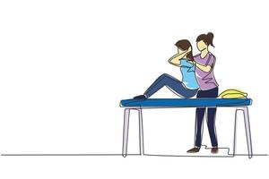 enkele een lijntekening vrouw zittend op massagetafel masseur helende behandeling masseren gewonde patiënt manuele fysiotherapie revalidatie. doorlopende lijn tekenen ontwerp vectorillustratie vector