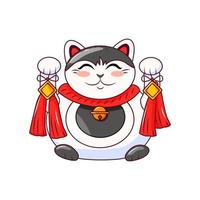 maneki neko is een japanse kat met opgeheven poten en een zak geld. symbool van geluk en rijkdom. vector cartoon illustratie op een witte geïsoleerde achtergrond