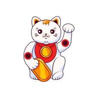 maneki neko is een japanse kat met opgeheven poten en een zak geld. symbool van geluk en rijkdom. vector cartoon illustratie op een witte geïsoleerde achtergrond