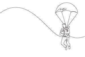enkele een lijntekening zakenman met aktetas en springen met parachute. zakenmensen skydiver riskeren gevaar en veiligheidsconcept. doorlopende lijn tekenen ontwerp grafische vectorillustratie vector