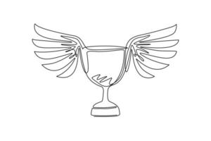 continue één lijntekening winnende trofee met vleugelsontwerp, winnaar eerste positie competitiesucces sport beste leiderschap concurreren en uitdagingsthema. enkele lijn tekenen ontwerp vectorillustratie vector