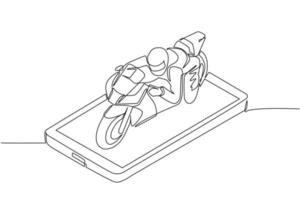 enkele doorlopende lijntekening fietser met helm, motorfiets rijden op smartphone scherm. man in racer overall en helm zittend op sportfiets. een lijn tekenen grafisch ontwerp vectorillustratie vector