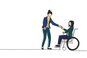 continu een lijntekening arbeidsongeschiktheid werkgelegenheid, werk voor mensen met een handicap. uitschakelen vrouw zitten in rolstoel hand schudden met collega op kantoor. enkele lijn tekenen ontwerp vector grafische afbeelding