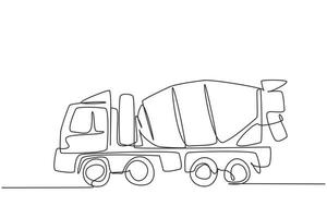 enkele doorlopende lijntekening betonmixer vrachtwagen met uitzicht vanaf de zijkant. zware auto. auto in plat ontwerp. kinder speelgoed mixer vrachtwagen. dynamische één lijn trekken grafisch ontwerp vectorillustratie vector