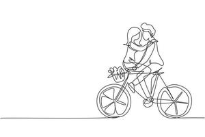 continu één lijntekening gelukkige jonge man en vrouw fietsten van aangezicht tot aangezicht. het gelukkige romantische paar berijdt samen fiets. gelukkig gezin. enkele lijn tekenen ontwerp vector grafische afbeelding