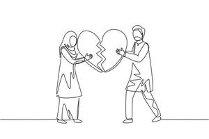 enkele een lijntekening diepbedroefd arabisch paar afscheid, echtscheiding. trieste jonge man en vrouw die delen van een gebroken hart proberen samen te stellen. moderne doorlopende lijn tekenen ontwerp grafische vectorillustratie vector