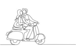 continu één lijntekening arabisch paar met scooter vintage, pre-wedding concept. man en vrouw met motorfiets, amoureuze relatie. romantische road trip, reis. enkele lijn tekenen ontwerp vector