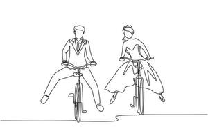 enkele doorlopende lijntekening echtpaar rijden op de fiets. romantische tienerpaar rit fiets met trouwjurk. man en vrouw verliefd. gelukkig getrouwd stel. een lijn tekenen grafisch ontwerp vector