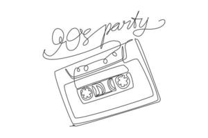 enkele doorlopende lijntekening oude slogan met muziekcassette. slogan jaren 90 feest. afbeelding voor afdrukken op t-shirt, kleding, ansichtkaart, achtergrond, banner. een lijn tekenen grafisch ontwerp vectorillustratie vector