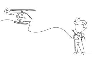 continue één lijntekening jongens spelen met radiografisch bestuurbare speelgoedhelikopter. spelende kinderen met rc-controllers. lachende opgewonden kinderen met modern rc-speelgoed. enkele lijn tekenen ontwerp vectorafbeelding vector