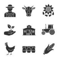 landbouw glyph pictogrammen instellen. landbouw silhouet symbolen. boer, koeienkop, zonnebloem met zaden, spruit in de hand, schuur, tractor, kip, eiertray, maïs. vector geïsoleerde illustratie