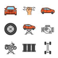 auto workshop gekleurde pictogrammen instellen. moersleutel in de hand, band en velg, auto, autokrik, motor, motorlift, chassisframe. geïsoleerde vectorillustraties vector