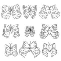 set van negen vlinders fantasie schets, doodle kleurplaat voor peuters insectenwereld vector