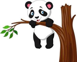 cartoon grappige panda die aan de boom hangt vector