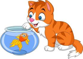 cartoon kleine kat spelen met goudvissen vector