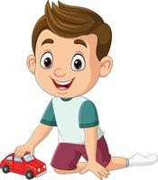 cartoon kleine jongen die speelgoedauto speelt vector